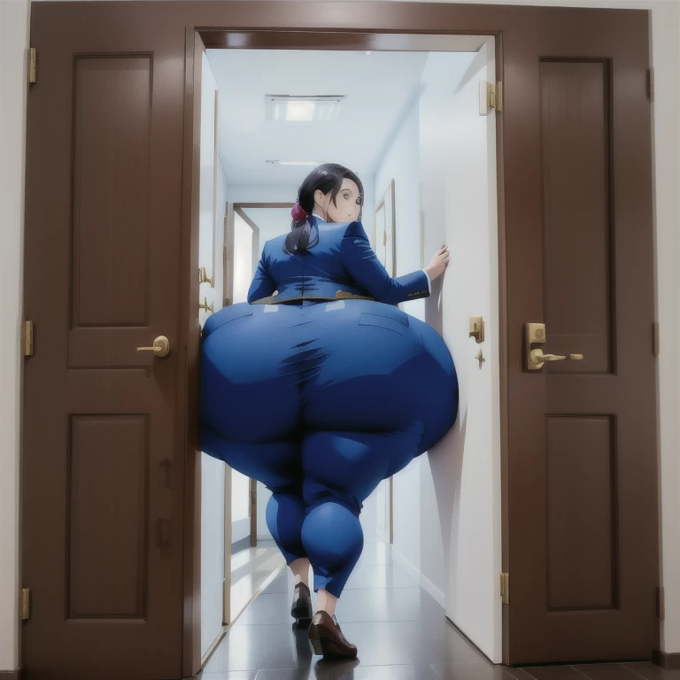 masterpiece, 1girl behind a doorway, from behind, (doorstuck, stuckbehind:1.3), huge hips, round belly, thick thighs, giant butt,colorful clothing, wearing a blue suit and tie and formal pants, upset, desperately trying to wiggle through, she tries to free herself but she won't budge, she is stuck tight view from behind, she is too wide, the doorway is quite narrow too, she kicks her legs furiously, trying to wiggle her hips through the small door