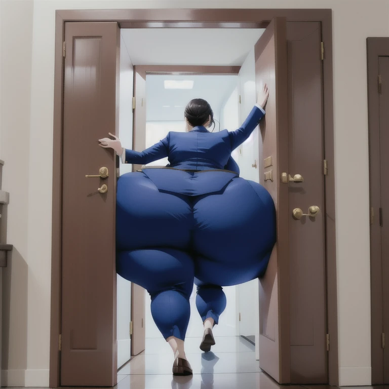 masterpiece, 1girl behind a doorway, from behind, (doorstuck, stuckbehind:1.3), huge hips, round belly, thick thighs, giant butt,colorful clothing, wearing a blue suit and tie and formal pants, upset, desperately trying to wiggle through, she tries to free herself but she won't budge, she is stuck tight view from behind, she is too wide, the doorway is quite narrow too, she kicks her legs furiously, trying to wiggle her hips through the small door