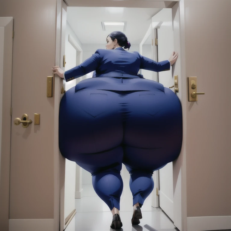 masterpiece, 1girl behind a doorway, from behind, (doorstuck, stuckbehind:1.3), huge hips, round belly, thick thighs, giant butt,colorful clothing, wearing a blue suit and tie and formal pants, upset, desperately trying to wiggle through, she tries to free herself but she won't budge, she is stuck tight view from behind, she is too wide, the doorway is quite narrow too, she kicks her legs furiously, trying to wiggle her hips through the small door