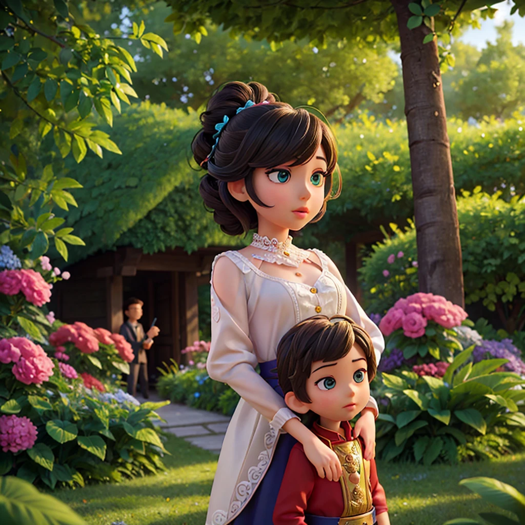 girl and boy in the flower park, 1girl 1boy, beautiful detailed eyes, beautiful detailed lips, extremely detailed face and features, long eyelashes, elegant hairstyles, charming expressions, lovely colorful outfits, playful poses, lush green garden, blooming flowers, sunlight filtering through trees, serene atmosphere, vibrant colors, photorealistic, 8k, best quality, highly detailed, intricate, cinematic lighting, dramatic shadows, vivid colors, magical realism