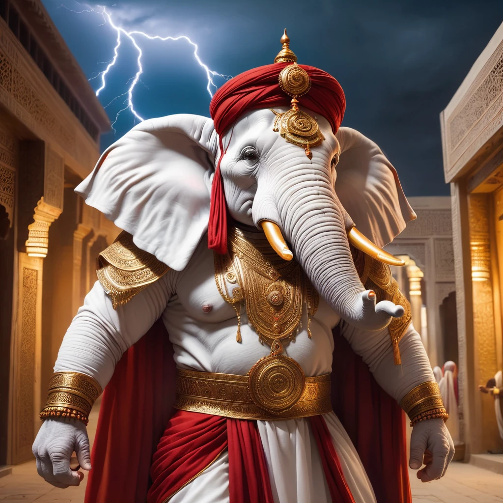 (1 white elephant-humanoid male with lightbody fur:1.5), solo, wearing arabic priest cloathing, red turban på hovedet, fullbody-image, facing viewers, detailed elephant cleric male, long beefy carved tusks, semi strong body, (smirk:1.1), (nose blush:1.1), (big yellow eyes:1.1), beautiful detailed face, cinematic lighting, shot on canon 5d, 2 two perfect tusks, one perfect trunk, detailed background of an Arabic city bay, with a lighting storm in the horizon. No jewellery at all.