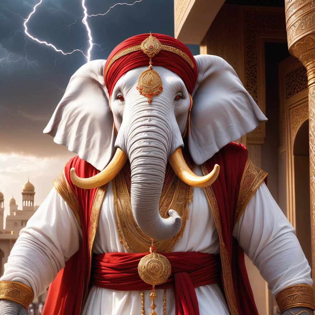 (1 white elephant-humanoid male with lightbody fur:1.5), solo, wearing arabic priest cloathing, red turban på hovedet, fullbody-image, facing viewers, detailed elephant cleric male, long beefy carved tusks, semi strong body, (smirk:1.1), (nose blush:1.1), (big yellow eyes:1.1), beautiful detailed face, cinematic lighting, shot on canon 5d, 2 two perfect tusks, one perfect trunk, detailed background of an Arabic city bay, with a lighting storm in the horizon. No jewellery at all.