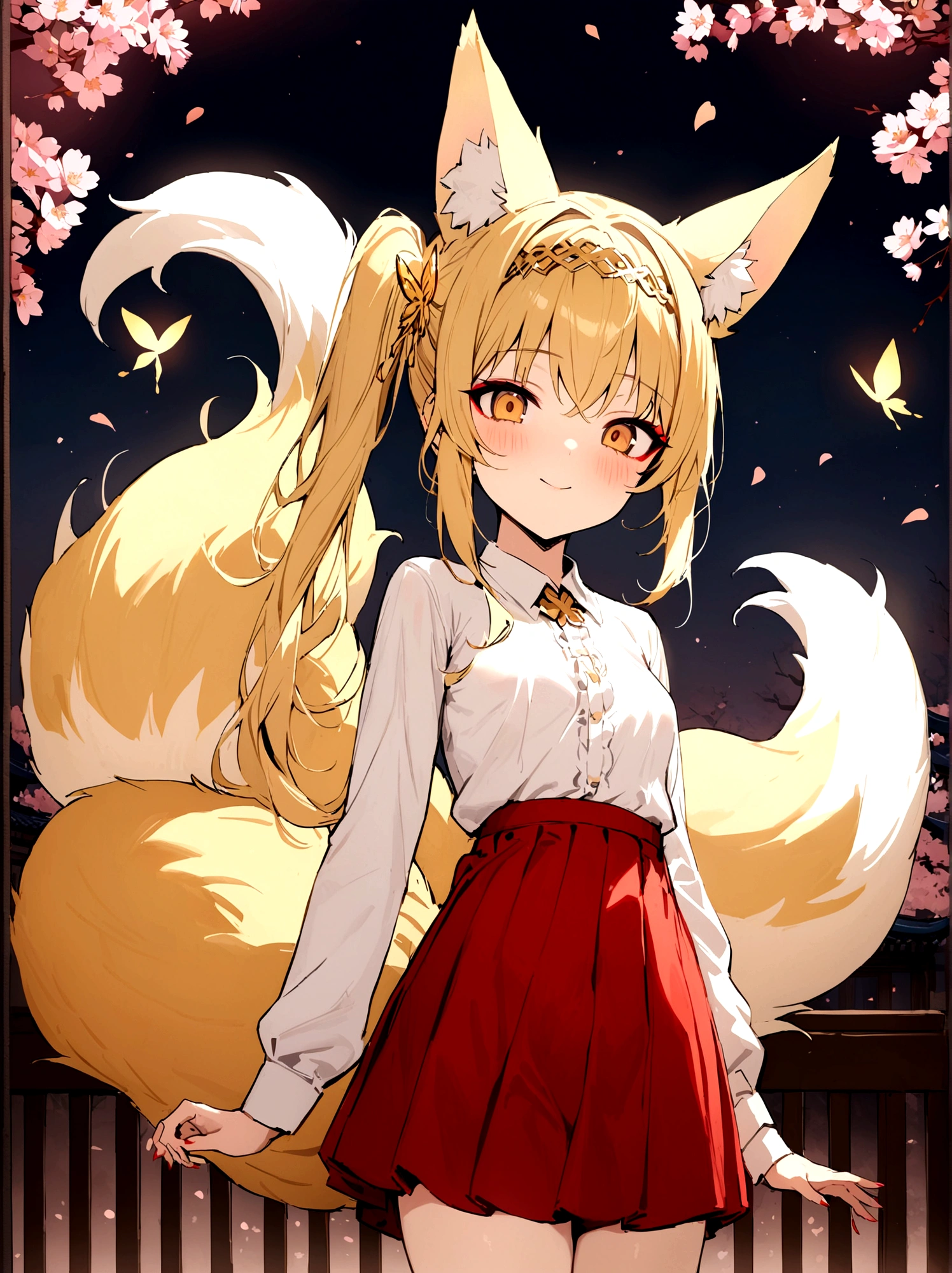 (masterpiece, best quality) junior,detailed, (beautiful,small breasts), blonde,long hair, side ponytail(gold butterfly hairband), elegant, (fox ears),nine tailed fox tail, red eyeshadow, golden eyes, femur，漏出femur, white shirt,free,red skirt,cherry blossom tree background,girl,NIGHT,yandere face