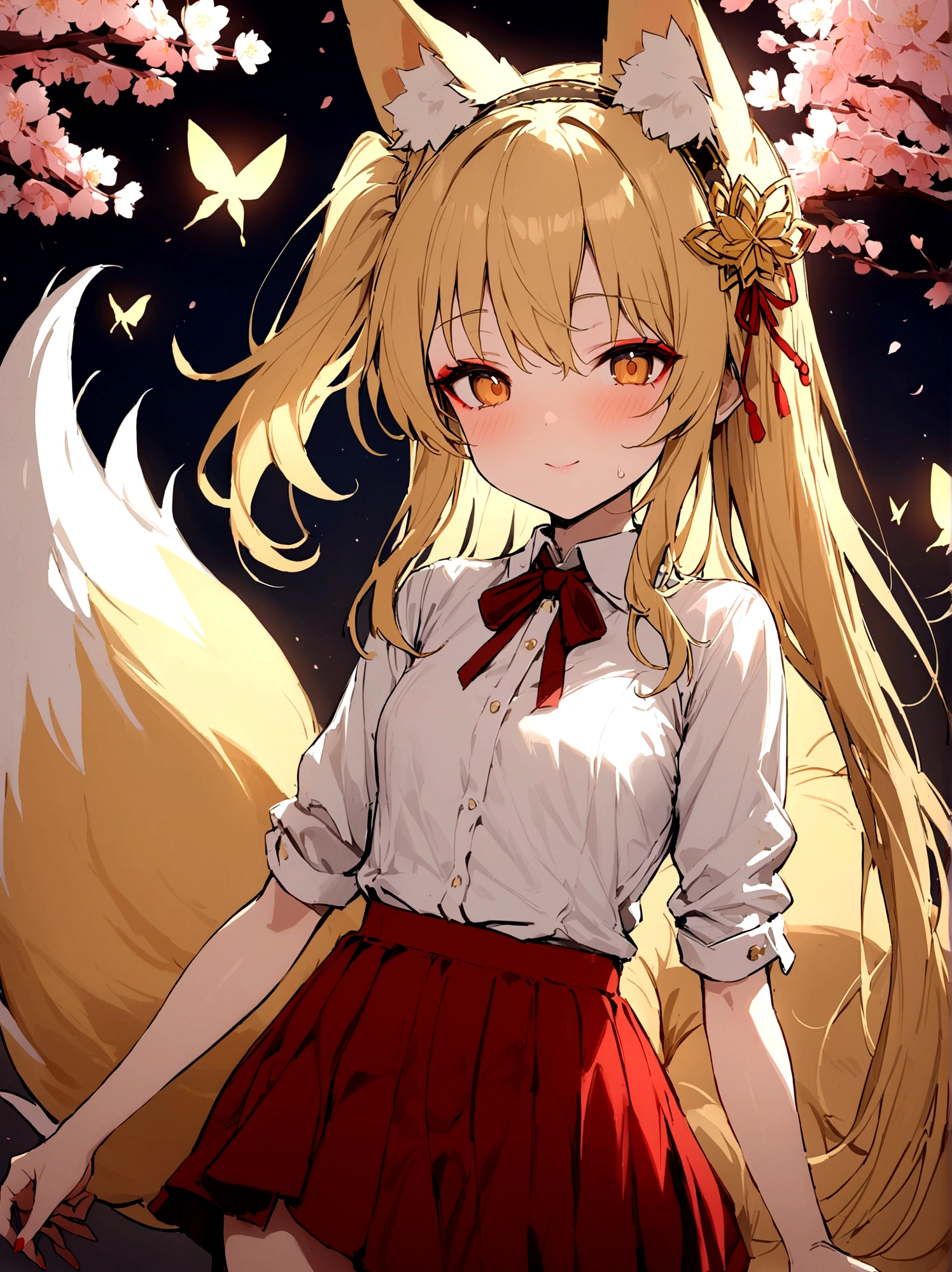 (masterpiece, best quality) junior,detailed, (beautiful,small breasts), blonde,long hair, side ponytail(gold butterfly hairband), elegant, (fox ears),nine tailed fox tail, red eyeshadow, golden eyes, femur，漏出femur, white shirt,free,red skirt,cherry blossom tree background,girl,NIGHT,yandere face