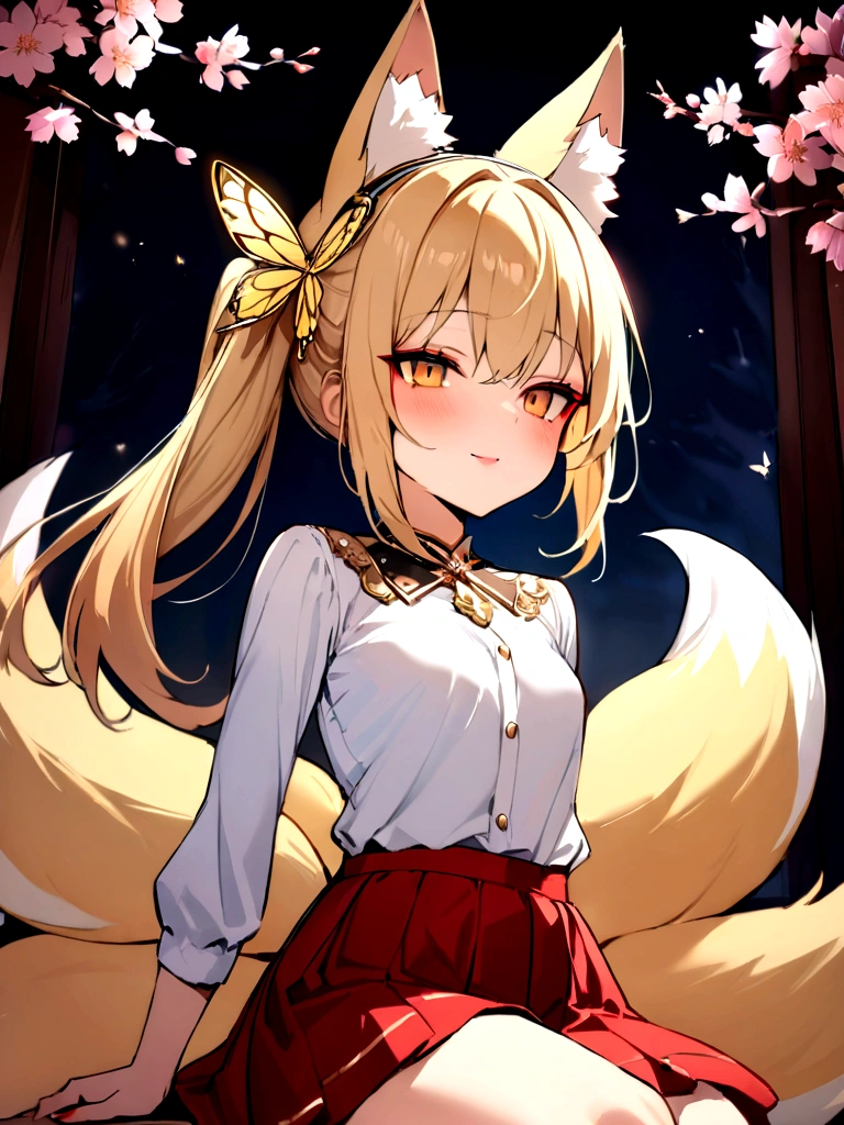 (masterpiece, best quality) junior,detailed, (beautiful,small breasts), blonde,long hair, side ponytail(gold butterfly hairband), elegant, (fox ears),nine tailed fox tail, red eyeshadow, golden eyes, femur，漏出femur, white shirt,free,red skirt,cherry blossom tree background,girl,NIGHT,yandere face