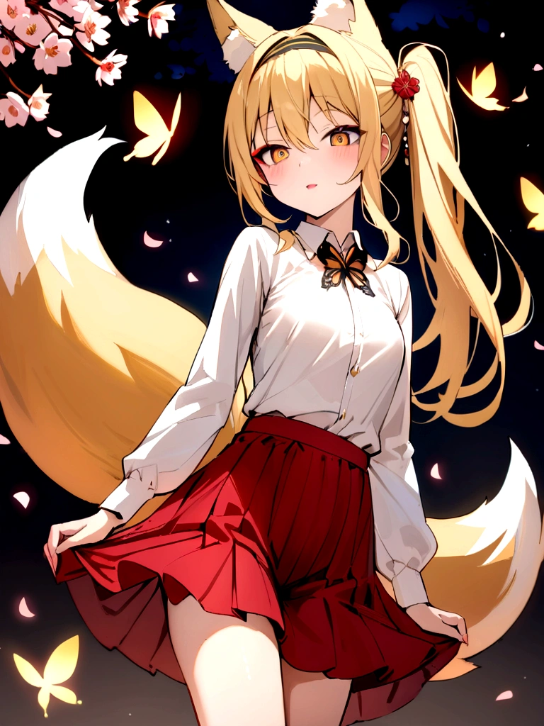 (masterpiece, best quality) junior,detailed, (beautiful,small breasts), blonde,long hair, side ponytail(gold butterfly hairband), elegant, (fox ears),nine tailed fox tail, red eyeshadow, golden eyes, femur,漏出femur, white shirt,free,red skirt,cherry blossom tree background,girl,NIGHT,yandere face