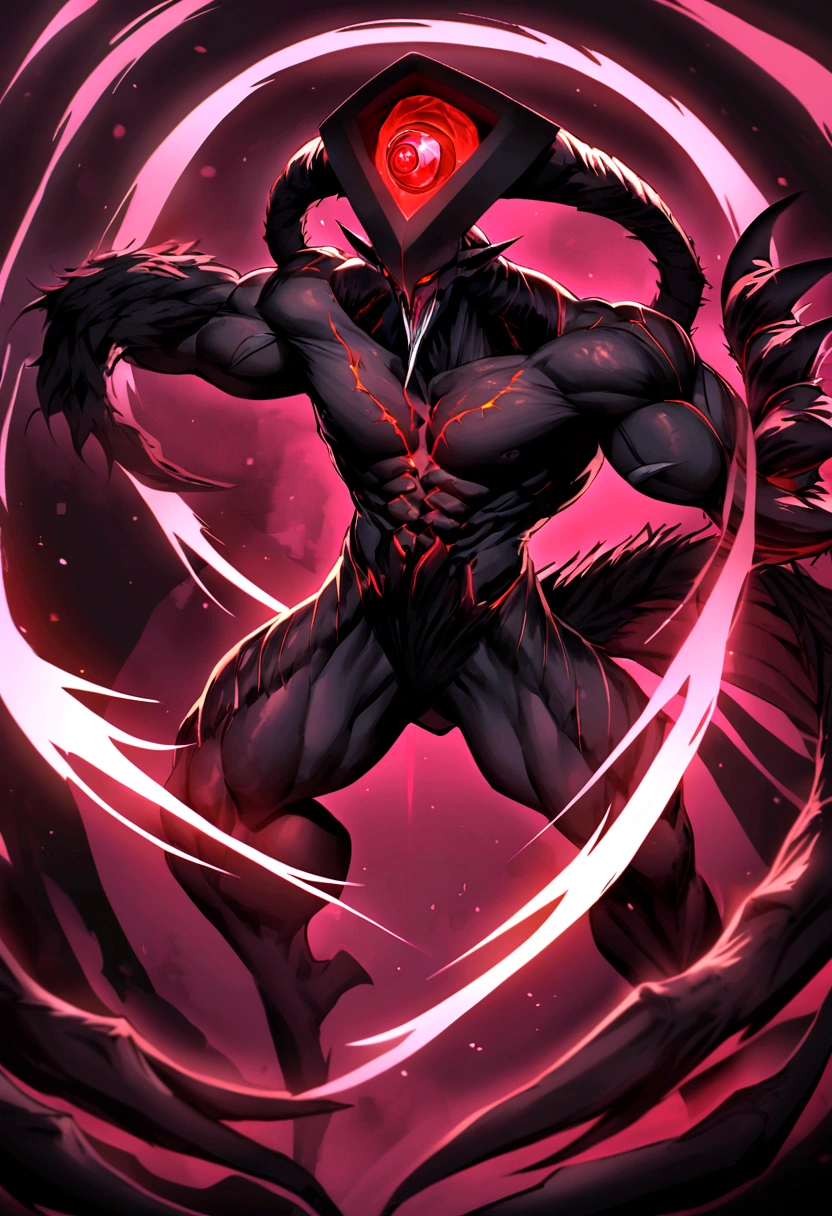 Make a beast with a long dark tail and dark skin, triangular head, long teeth and claws a muscular, agile body, has long horns and red eyes, a dark energy surrounds your entire body