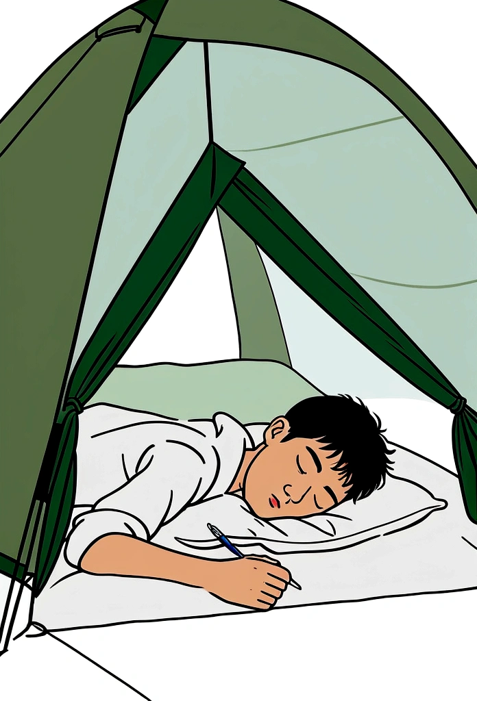Draw a Korean man sleeping in a tent