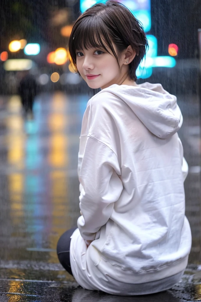 24year old beautiful girl、Half-Japanese beauty、Highest image quality、realistic、16K、beautiful woman、Very Short Hair、Pixie Cut、blondes、blondes、With bangs、Pretty slim、heavy rain、wet from heavy rain、In the middle of Shibuya、White hoodie、leggings、Wet in the rain、Heavy Rain、My hair got wet in the heavy rain、In heavy rain、A look asking for a kiss、Shooting from the sky、Full body、Back view