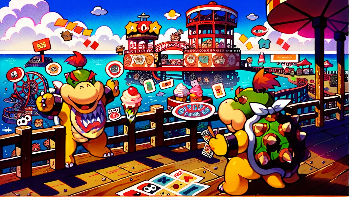 pier with sticker, sticker by the water, Promenade, restaurant, Street Ice Cream, Ice Cream Stand, Purikura, sticker, sticker, lots of flying sticker, vehicle, Large Ferris wheel, JBowser