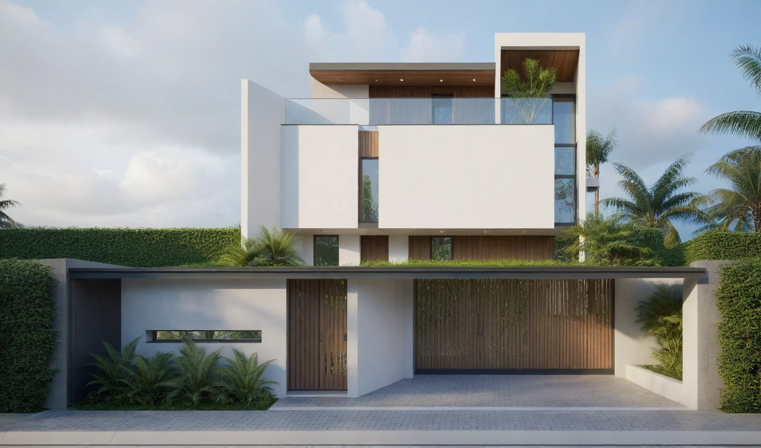 exterior house, contemporary style, white wall, wood wall, steel door, glass window, (realistic:1.2), Masterpiece, high quality, best quality, authentic, super detail, outdoors,road, trees, sky, cloud, (daylight:1.1), modern luxury villa, coconut trees, landscape, along the white beach, clear sky, day time, warm lighting RAW Photo, RAW texture, Super Realistic, 32K UHD, DSLR, soft lighting, high quality, film rating, Fujifilm XT3,Modern, Residential Architecture, car in front of house