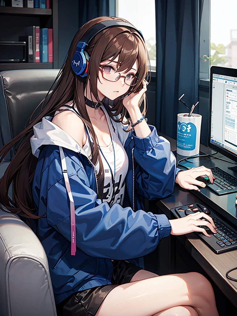Woman holding a game controller、Hair color is brown、Glasses、headphone、Heavy smoker、Playing games、Please let me smoke a cigarette.、The room is dark