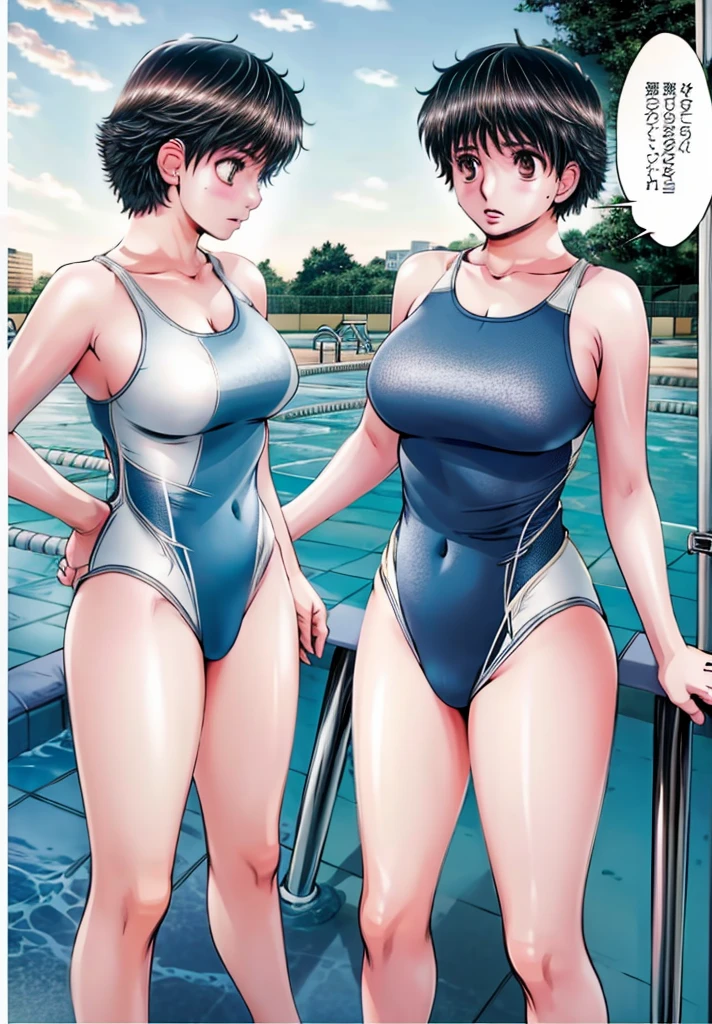 A boyish, short-haired, busty, beautiful-legged woman is standing by the pool in a competitive swimsuit, legs spread to the sides, blushing and with a stunned expression.。