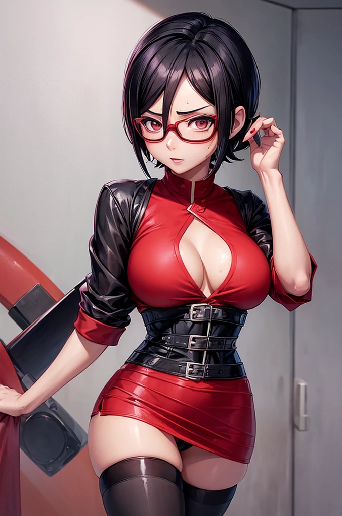 ((Sarada Uchiha)) ((boruto))Asian girl with short hair in a red blouse with great cleavage and glasses and a black miniskirt that is very short at the waist showing her panties and with thick thighs and wide hips seducing and sticking out her skinny ass sexual pose (very wet) and with a seductive face