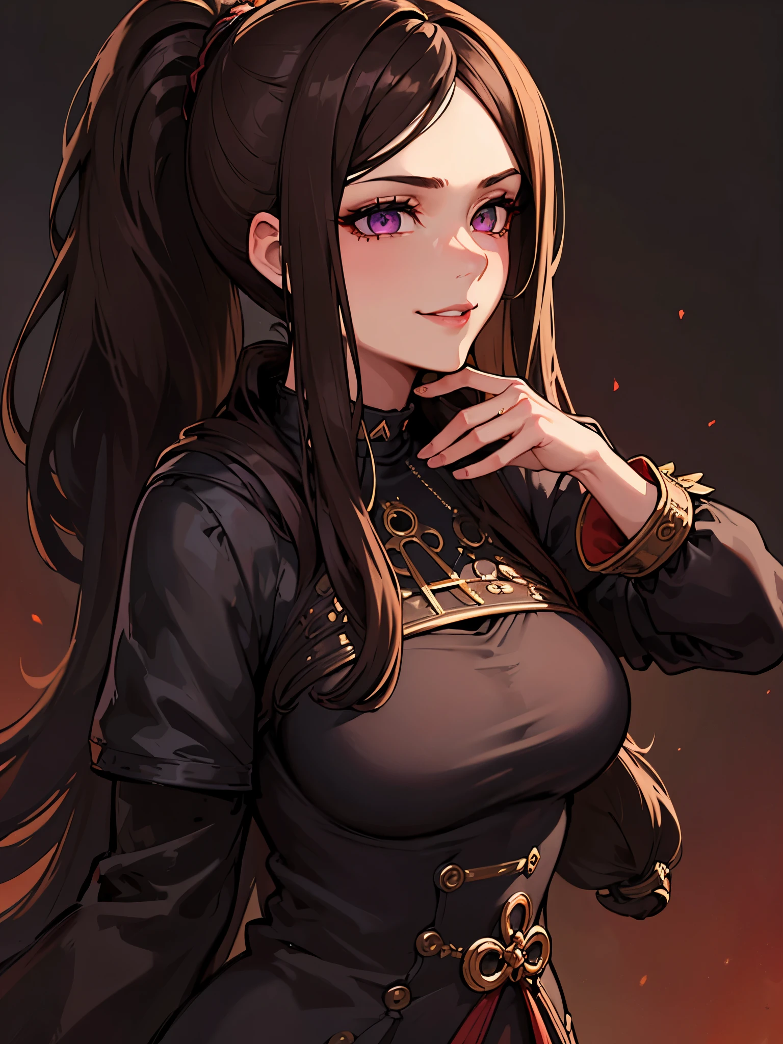 ((masterpiece)), ((best quality)), 1girl, adult, long hair, big bust, ((brown hair)), ((intimidant look)), ((close-up)), profile image, black and red clothes, sexy, dark colors, ((coat with fur)), ((wavy hair)), exposed skin, ((sexy pose)), good anatomy, ((dark sage clothes)), ((straight cut bangs)), emotionless, intimidant, ((beautiful eyes)), dark background, close up, ((detailed eyes)), ((detailed face)), hair bang, frontal look, relaxed, smile, queen, ponytail, violet eyes