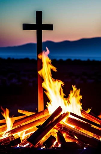 A cross amid the flames of a bonfire, with a rose bush forming over it