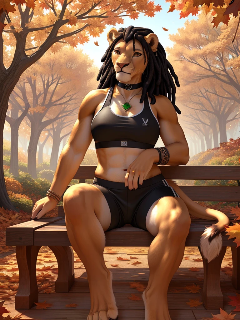 highly detailed hands, (four toes), full body, photo, (hyper realistic, 8k, top quality:1.2), (high details, extremely detailed, absurdres), masterpiece, beautiful and aesthetic, (white furry anthro lion female:1.3), muscular, curvy, (bushy_tail:1.3), (black sport bra, black sport shorts:1.4), (black dreadlocks hair:1.2), (realistic fur:1.5), (big bright brown eyes, intricate eye detail), eyeliners, average size breasts, black_choker_with_(emerald_pendant), (earrings:0.9), bracelets, sitting on wooden [park_bench::29], smiling, (autumn leaves flying in air, wind:1.2), day, (highly detailed autumn garden:1.1), plants, (trees), autumn flowers, leaves, realistic shading, warm lighting, ultra detailed facial features, intricate details