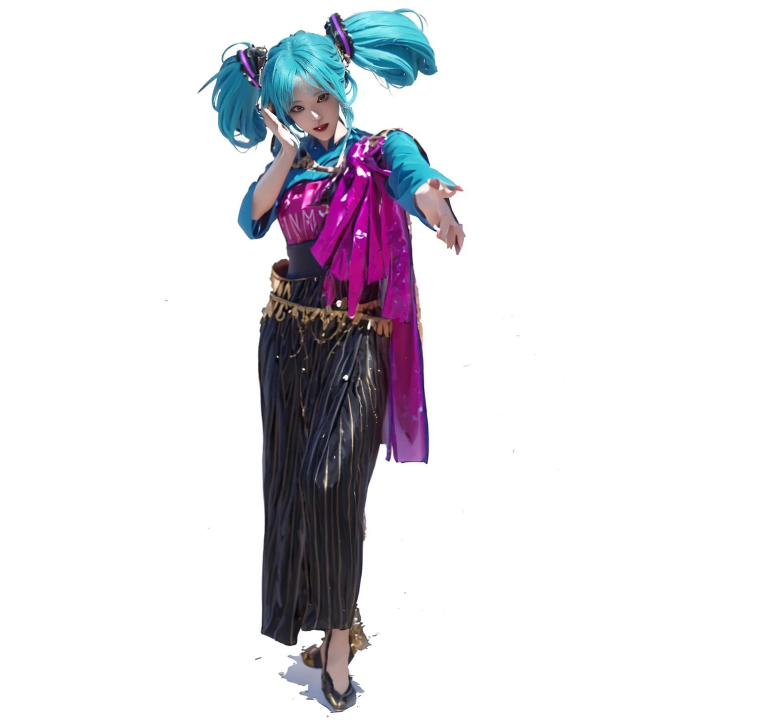 ((Masterpiece)), (best quality), (very detailed), ((very detailed)), 4k, (8k),1 girl,Hatsune Miku, there is a woman in a costume that is standing up, tai costume, beautiful genie girl, miku , hatsune miku cosplay, high quality costume,, high quality theatre costume, hatsune miku, anime cosplay, costume