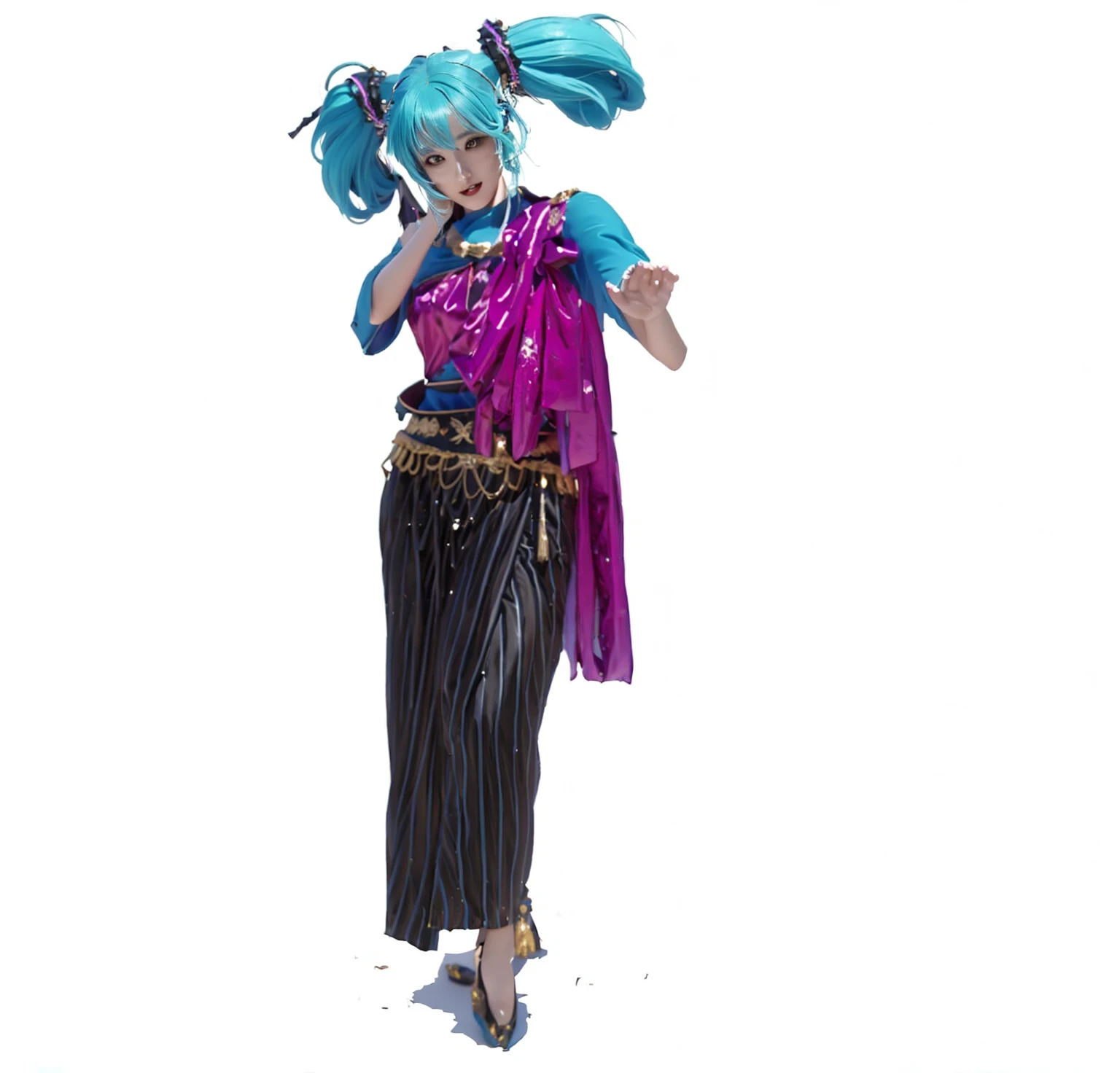 ((Masterpiece)), (best quality), (very detailed), ((very detailed)), 4k, (8k),1 girl,Hatsune Miku,  there is a woman in a costume that is standing up, tai costume, beautiful genie girl, miku , hatsune miku cosplay, high quality costume,, high quality theatre costume, hatsune miku, anime cosplay, costume