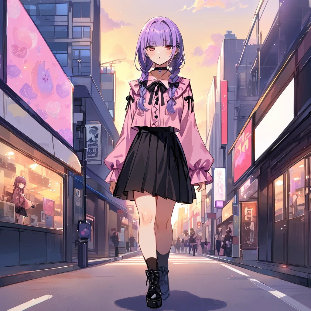 Top quality, masterpiece, a girl, peal purple and blunt bangs hair, twin braids,(a girl with closs hair pin,
pink shirt,cosplay, jirai kei, bangs, black skirt, black bow, bow, long sleeves, choker, ribbon, :1.4),From the side, Walking slowly through Shibuya at sunset, staring at my feet, fullbody shot,