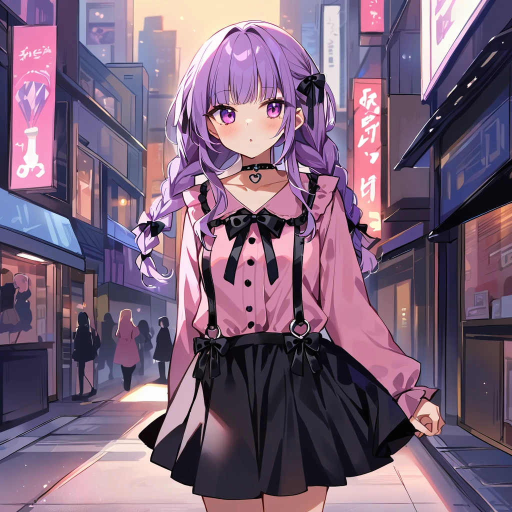 Top quality, masterpiece, a girl, peal purple and blunt bangs hair, twin braids,(a girl with closs hair pin,
pink shirt,cosplay, jirai kei, bangs, black skirt, black bow, bow, long sleeves, choker, ribbon, :1.4),From the side, Walking slowly through Shibuya at sunset, staring at my feet, fullbody shot,
