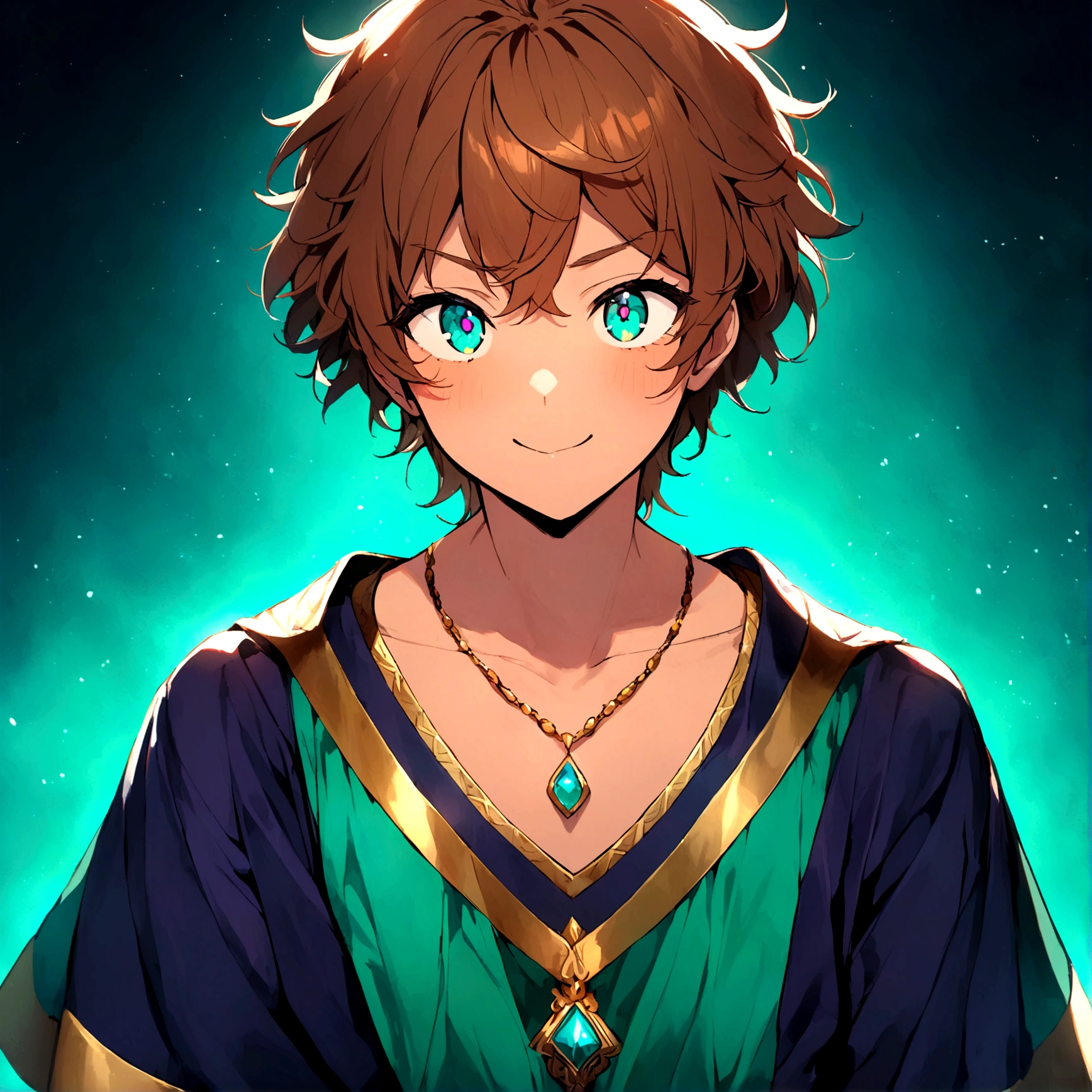 Teenage boy, Large and expressive turquoise eyes, Predominantly brown hair with highlights ranging from blonde to reddish and blue-green depending on the light, Light-toned skin with a noticeable tan and naturally rosy cheeks, A tunic with colors ranging from navy blue to emerald green and subtle details of gold and bronze on the edges, She wears a necklace with a pendant that emits a soft purple glow, Posture Elegant but relaxed, with gestures that suggest deep reflection and sensitivity, with a playful and bright look , frowning with determination, kind and tender smile.