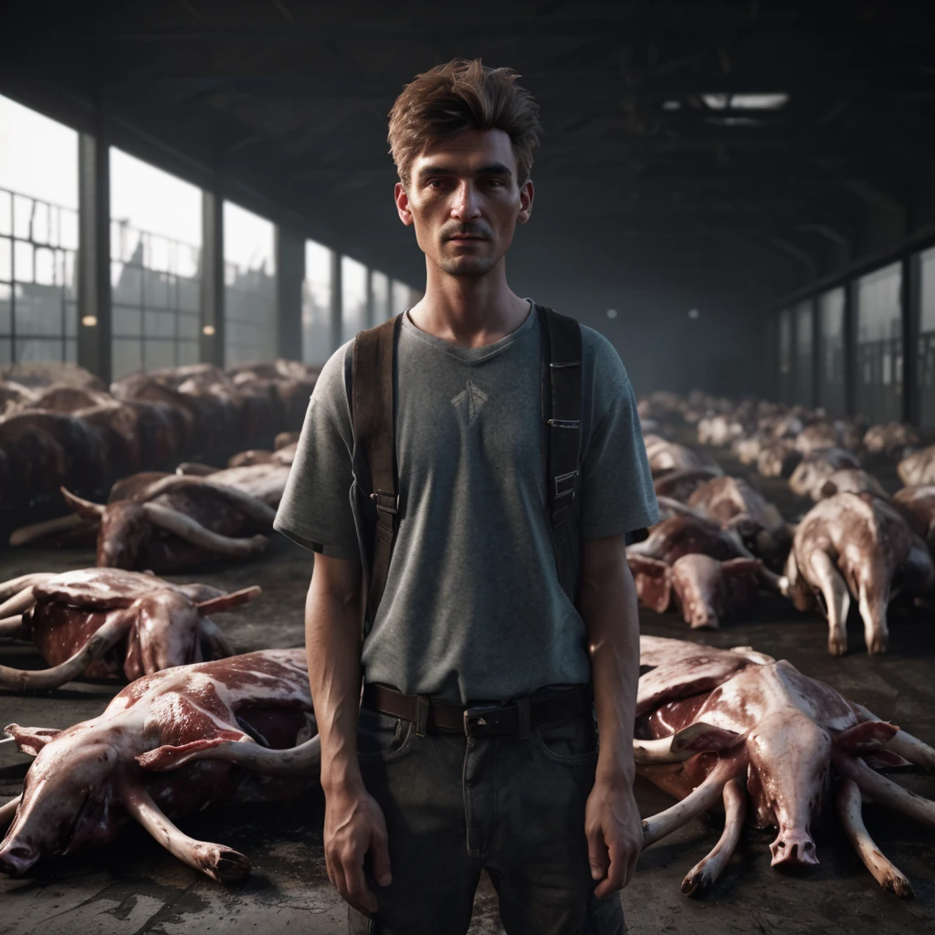 there is a man standing in front of a large amount of dead animals, made in unreal engine 5, unreal engine. film still, rendered in unreal engine 5, meat factory, made in unreal engine, created in unreal engine 5, made in unreal engine 4, photorealistic cinematic render, cinematic realistic photo, anton fadeev 8 k, realistic scene
