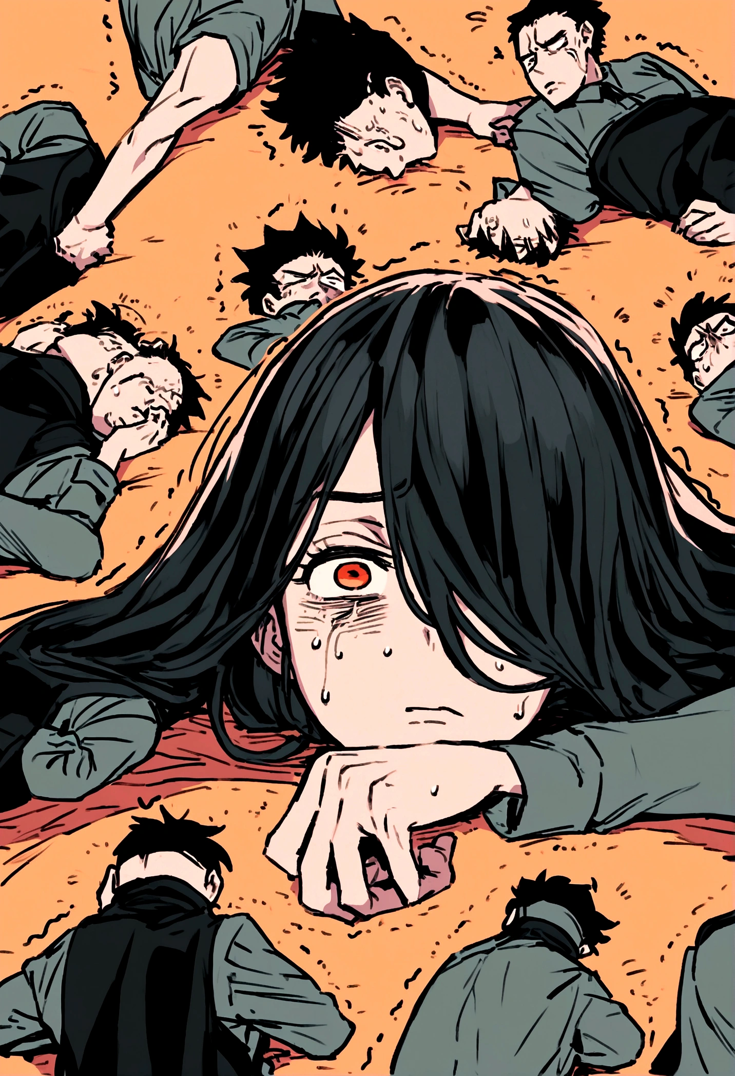 A group of about 10 people dressed in black with their faces covered , He sat down on the ground, holding his head and trembling in pain ( drawing in manga style )