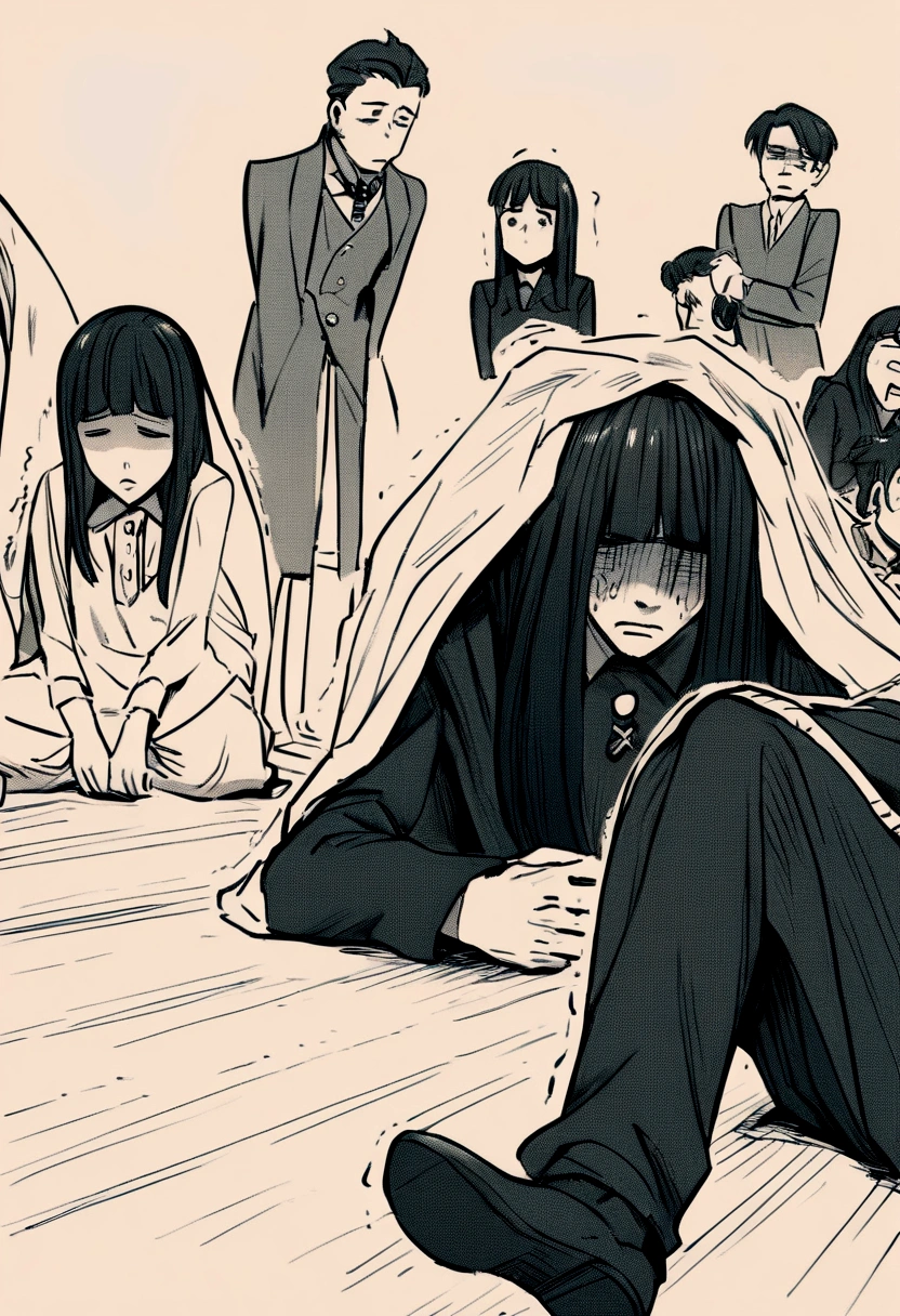 A group of about 10 people dressed in black with their faces covered , He sat down on the ground, holding his head and trembling in pain ( drawing in manga style )