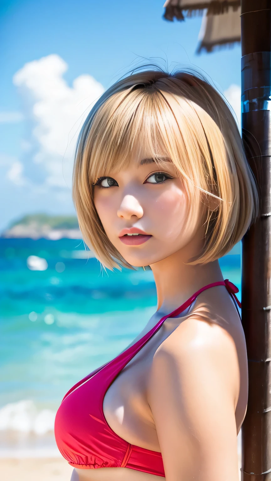 Sexy Big 、Sexy and cute look and cute 18-year-old beautiful girl, beautiful and sexy face、A strong wind blows my hair in front of my face、With short blonde hair、beautiful, Cute and sexy eyes hidden behind long bangs、Beach、Fluorescent Bikini