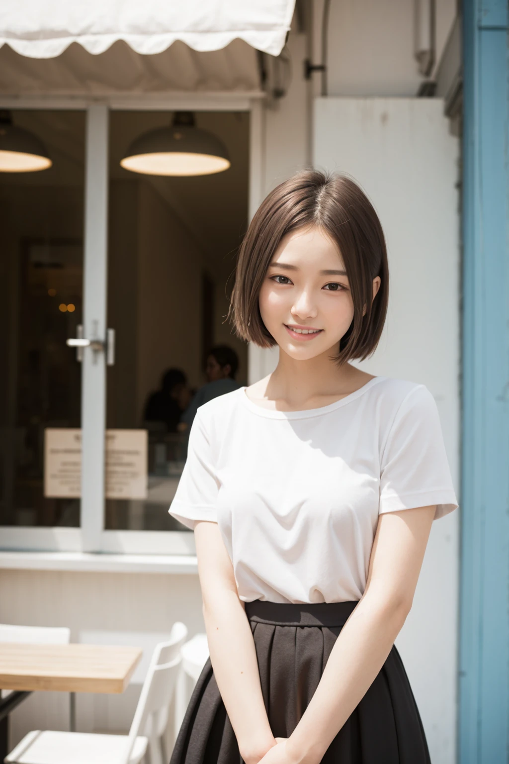 4k, Top quality, 1 beautiful woman, super short Hair, wearing skirt, shy-smile, Sunlight, at cafe