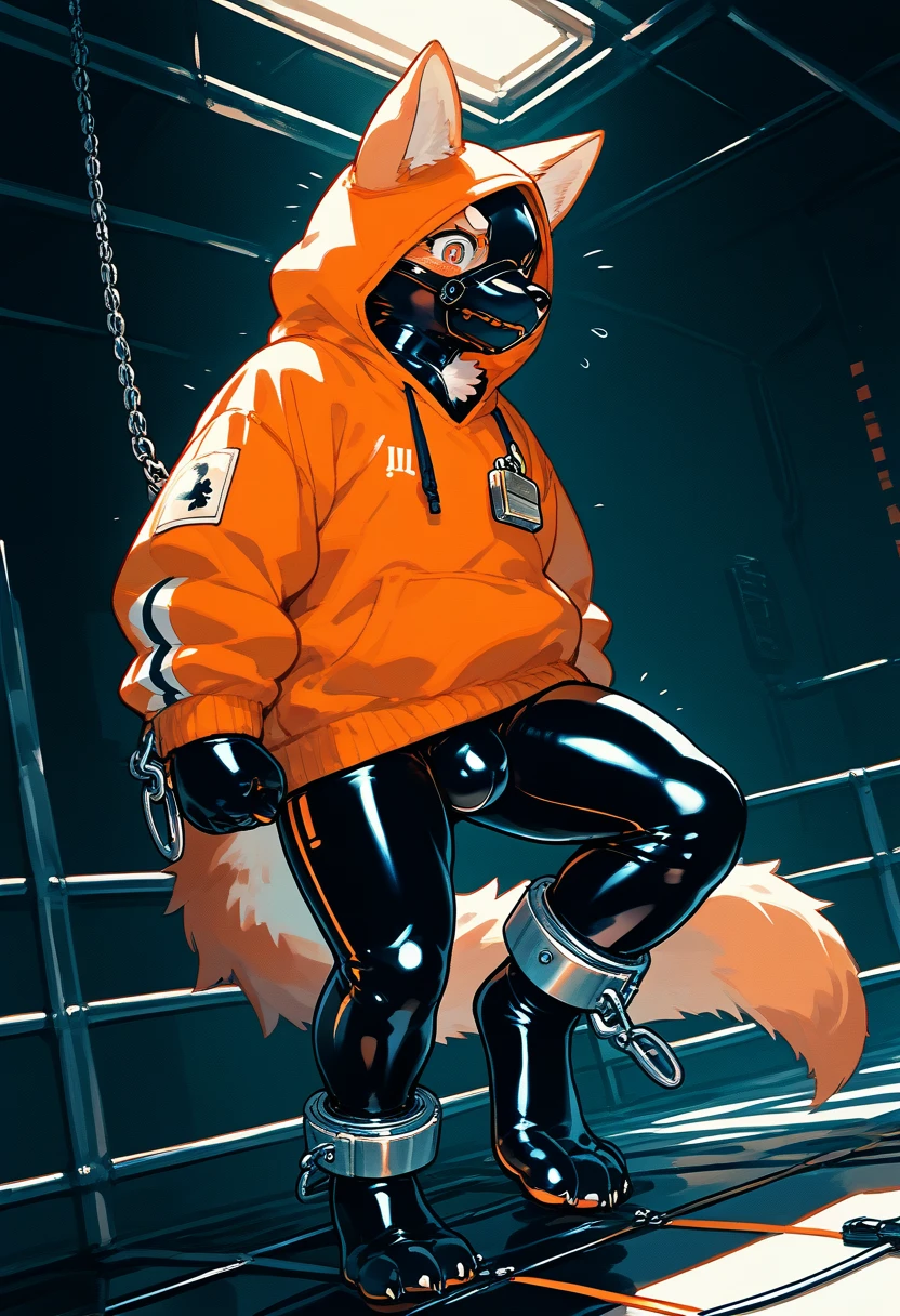 Highest quality, Highest quality, High quality illustrations, masterpiece, Ultra-high resolution, Detailed Background, In the cage, Absurd, Perfect Anatomy, performance, Good lighting, Shadows in the movies(kemono, Furry Personifi猫ion), Dark Skin, Rubber suit, Rubber suit, latex, Neon color, Black rubber spats, Orange rubber hoodie, Rubber mask, ribbon, Embarrassing, Null bulge, Restrained by shackles, first round, Lock, Prisoner, male, juvenile