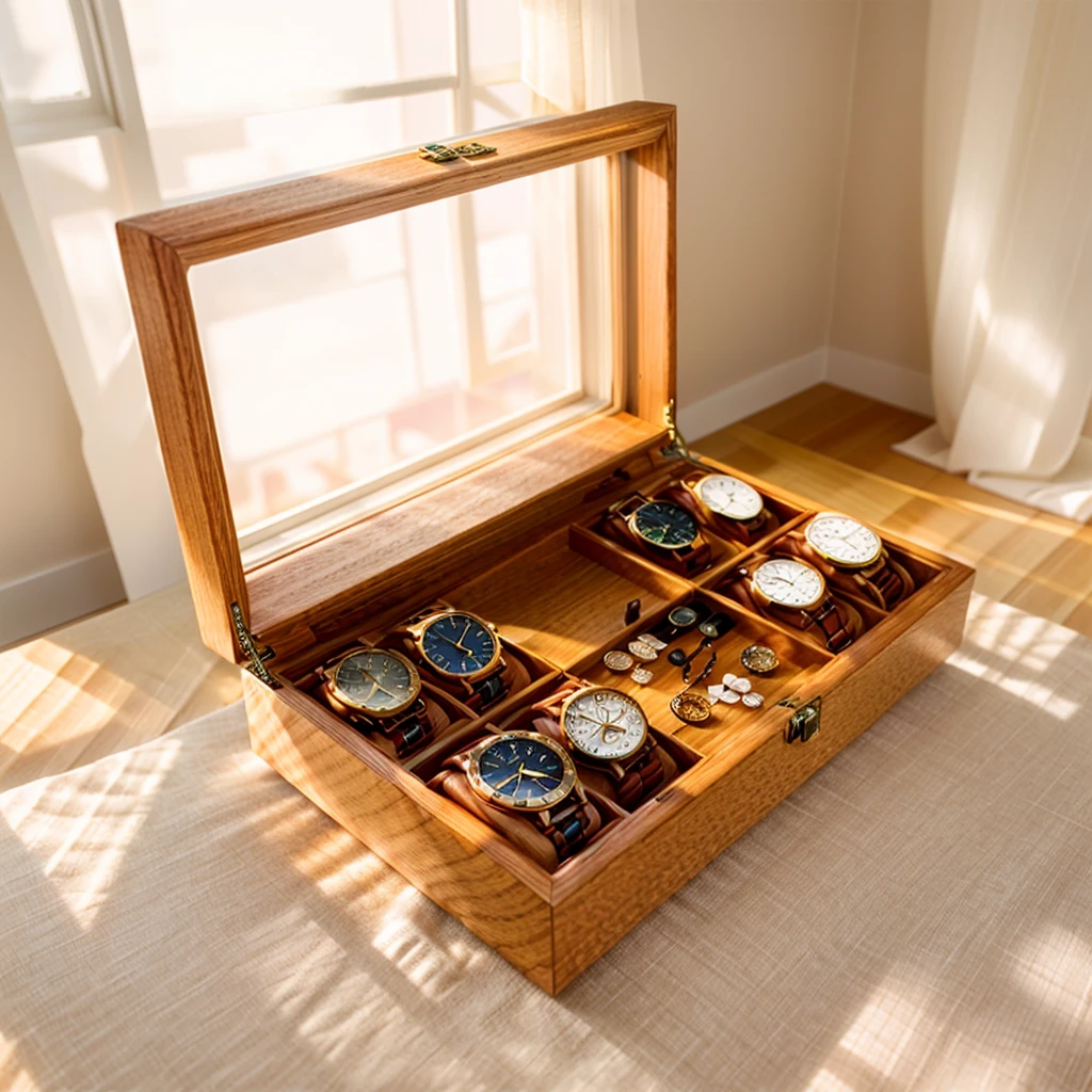 In this cozy room,A ray of sunlight shone on the table through the half-drawn curtains,Let the wood grain on the watch storage case shine with a faint sheen。There is a calm and serene atmosphere in the surrounding air。Several still lifes hang on the walls of the room,It adds a touch of elegance to the space。And on the other side of the room,A half-open window lets the breeze blow in,The pages on the small desk by the window flipped in the wind,This quiet scene gives a sense of tranquility and comfort。