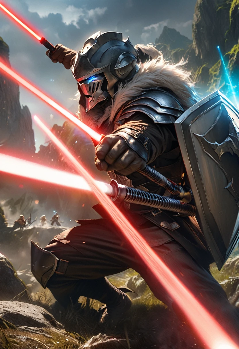 perfect hands, perfect finger,perfect anatomy, masterpiece, best quality,realistic, hyperrealistic, 16k hdr,1 muscular man,,goblin slayer, armor, helmet, blue glowing eye, plume, fur collar, (Lightsabers,shield:1.4),fantasy world,outdoor,fighting pose,dynamic pose,upper body