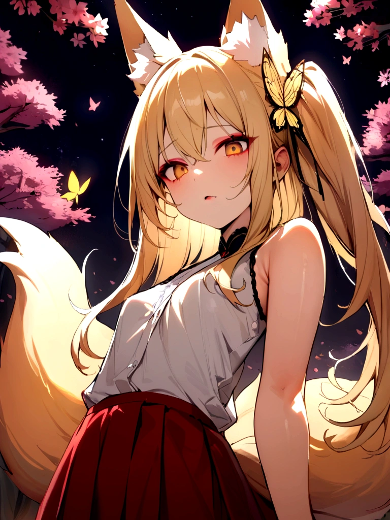 (masterpiece, best quality) junior,detailed, (beautiful,small breasts), blonde,long hair, side ponytail(right),gold butterfly hairband, elegant, (fox ears),nine tailed fox tail, red eyeshadow, golden eyes, femur，white shirt,free,red skirt,cherry blossom tree lake background,girl,NIGHT,yandere face