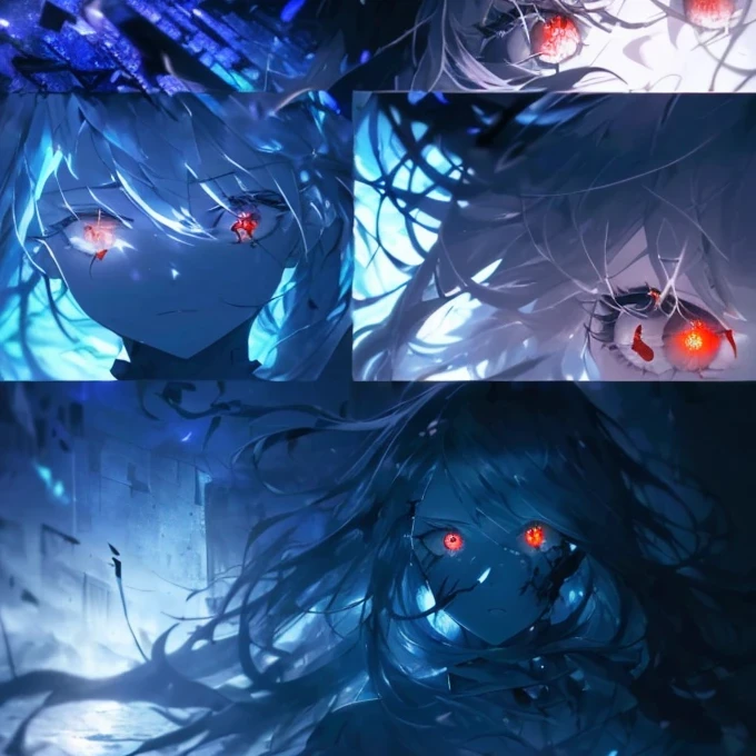 (masterpiece), (panels), (soft drops of blood, tears), ((dark colors 1.6)), (red glowing eyes), (blood splatters), blood floating), (long hair), (divided panels), (girls staring at viewer), (upper body), (upper face), ((shattered glass 1.3)), (glass shards floating in the air), (detailed hair), (emotionless), (fog 1.2), (well lit), (detailed lighting), (sharp focus:1.3), (focus at the face:1.3), (dystopian atmosphere), (glowing light), (torn buildings), ((ruins)), (fallen down pillars), (mist), (windy atmosphere), (chaos), (tears dripping from eyes), (tears blowing in the wind), (lighting from behind), ((hair blowing in the wind), (in the background there are eyes), (red eyes on the walls 1.3), ((seperate)), (particles floating in the air 1.2), (light reflecting off hair), ((detailed background)), (particles are in the background), (girl facing forward), (girl facing sideways), ((glowing red eyes)), (detailed eyes), (monitor panels)
