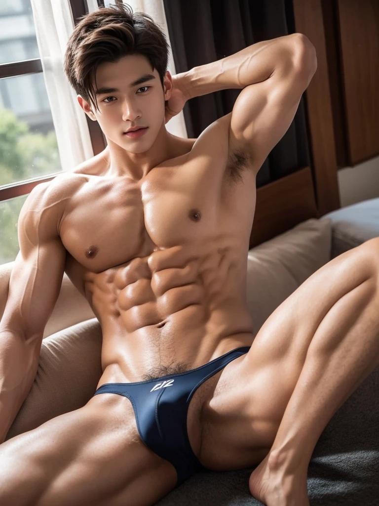 Handsome guy around 18 years old, wearing thongs, He has eight-pack abs, lifted arms, spread legs