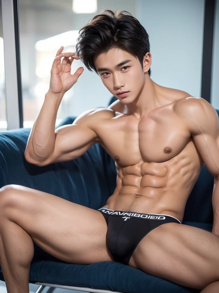 Handsome guy around 18 years old, wearing thongs, He has eight-pack abs, lifted arms, spread legs