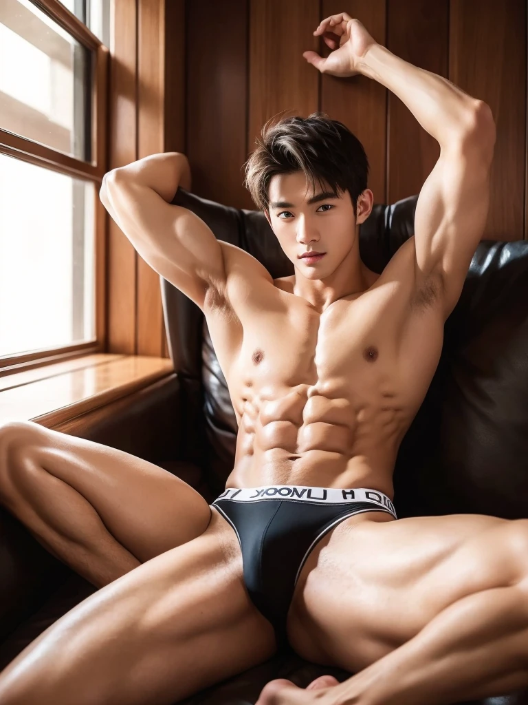 Handsome guy around 18 years old, wearing thongs, He has eight-pack abs, lifted arms, spread legs