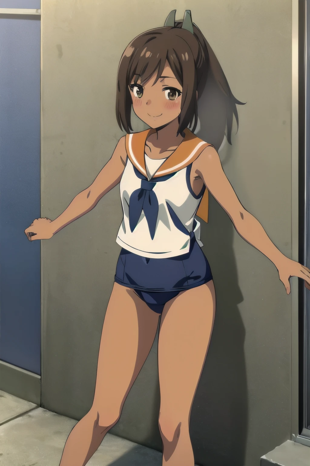 One Girl, alone, whole body, blush, smile, I401KC, Brown Hair, Short ponytail, White shirt, Sleeveless,One piece swimsuit, Bare arms, Sleeveless shirt, headgear, School Swimsuit, Sunburn, Sunburnlines, dark skin, Wear a swimsuit under your clothes, Sailor shirt, Orange sailor collar, 