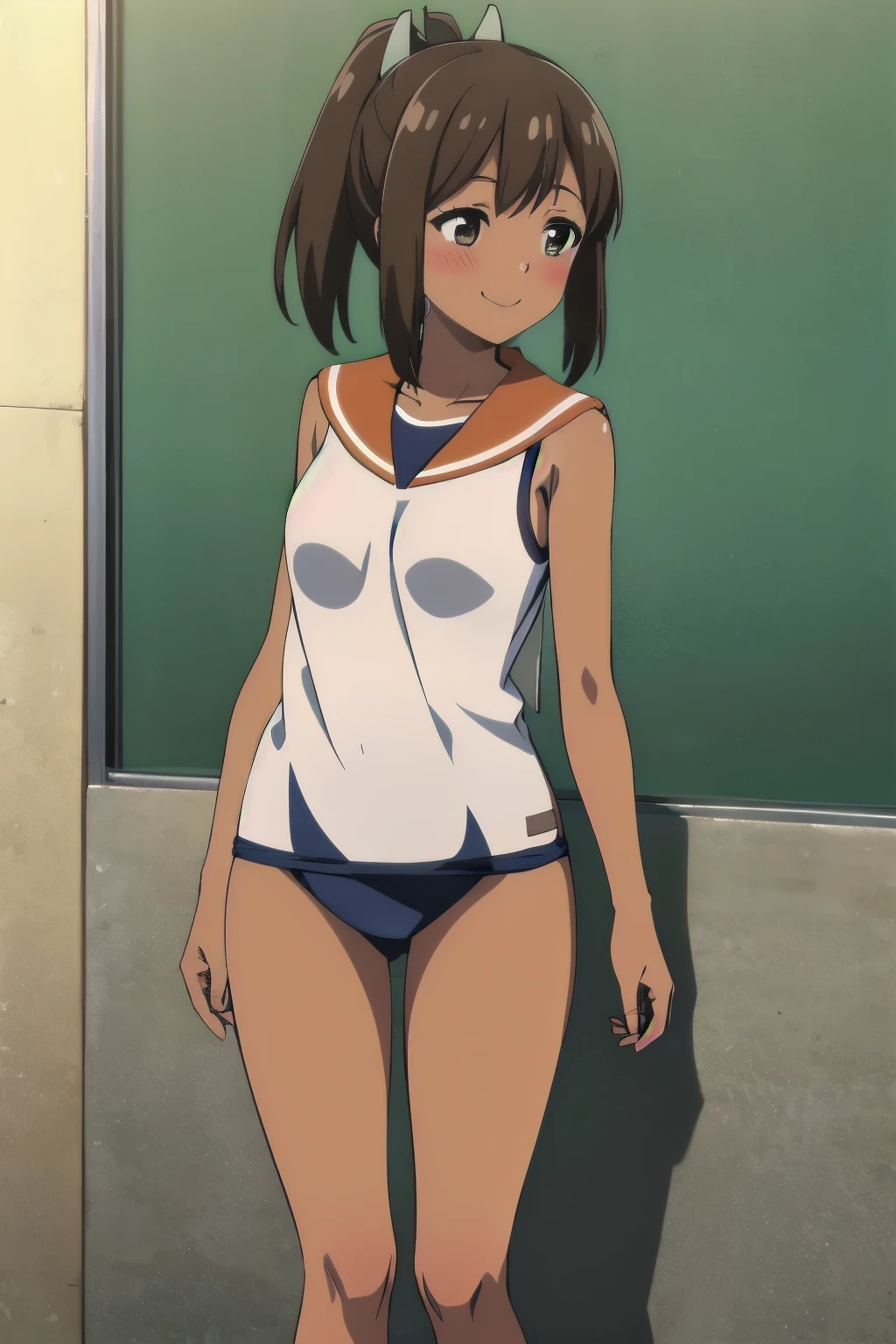 One Girl, alone, whole body, blush, smile, I401KC, Brown Hair, Short ponytail, White shirt, Sleeveless,One piece swimsuit, Bare arms, Sleeveless shirt, headgear, School Swimsuit, Sunburn, Sunburnlines, dark skin, Wear a swimsuit under your clothes, Sailor shirt, Orange sailor collar, 