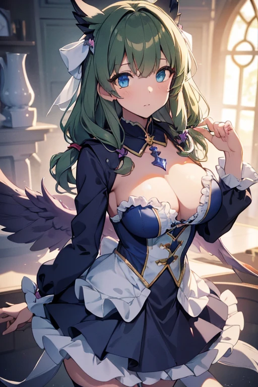 (dynamic angle:1.3, front view:1.1, :1.3, from above:1.1), (((Masterpiece))),(((Super Detail))),(((in 8K))),(((best composition))),(((Rim lighting,Fireglow effect,deep shadow))),solo),Beautiful fingers,Detailed finger features,(Detailed hair features:1.7),(Dynamic and  bending pose:1.3),detailed facial features,detailed clothes features, (perky :1.1), (pointed :1.3), delicate beautiful face, Bright blue eyes, cute eyes, sparkling eyes, Big eyes, beautiful detailed eyes,(masterpiece), (best quality), detailed, 1 girl, soro, twintails, long wavy hair twintails.hairs between eyes,dark green eyes ,dark green hair, (magical girl:1.2), bow, dress, (pink:0.6), over legwear, boots, too many frills, too many bow, standing,striped panties.magical stick, mechanical stick, magic cercle, flying,
