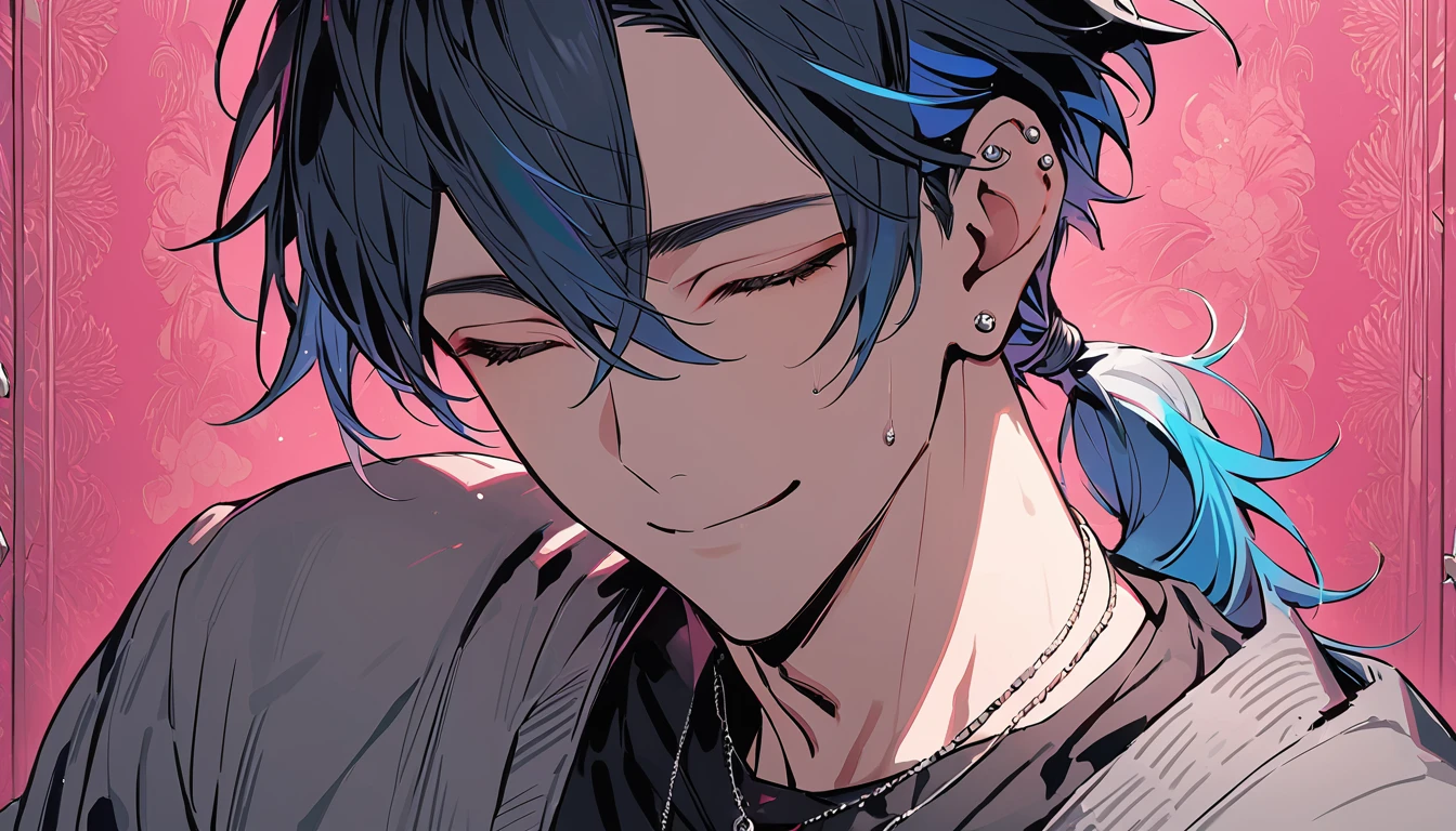 ((((best masterpiece, best quality, wallpaper,)))) solo, guy, male body, small muscles, flat chest, 1male, 30 years old, handsome man, upper body, looking at viewers, beautiful detailed, seductive smile, mediumturquoise hair, ((((Lower short ponytail)))), asymmetrical bangs, ((short hair,)) (((light smile, closed eyes, tareme, droopy eyes,))) (((perfect face,))) perfect hands, sharp nose, clear face, black turtleneck, grey cardigan, ((silver piercing, pendant,)) leggings, pink background color ultrasharp, 8K, masterpiece,