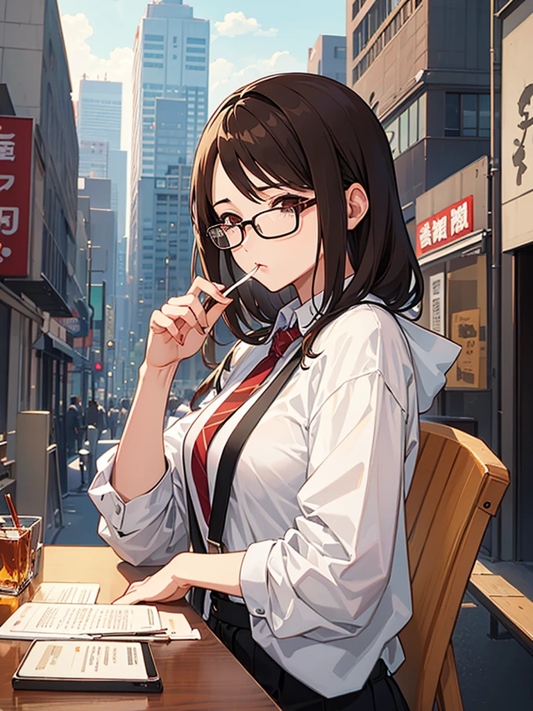 Heavy smoker woman、Brown Hair、Glasses、Illustrator