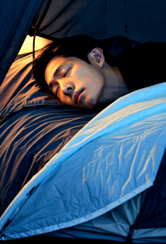 Draw me a Korean man sleeping in a tent on a dark night