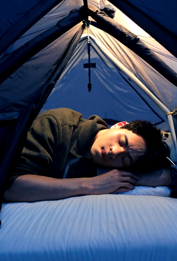 Draw me a Korean man sleeping in a tent on a dark night