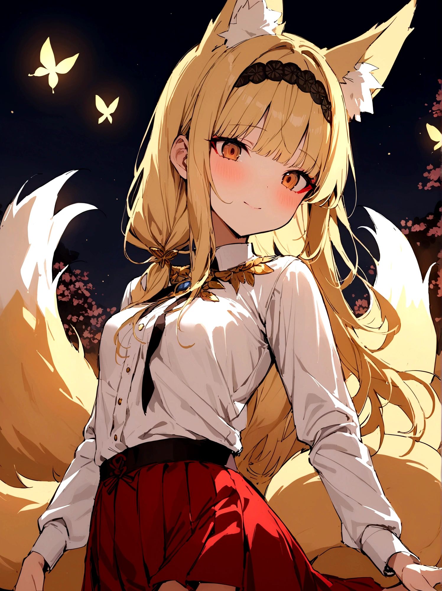 (masterpiece, best quality) junior,detailed, (beautiful,small breasts), blonde,long hair, side ponytail(right),Hair band decoration with gold butterfly, elegant, (fox ears),nine tailed fox tail, red eyeshadow, golden eyes, femur，white shirt,free,red skirt,cherry blossom tree lake background,girl,NIGHT,yandere face