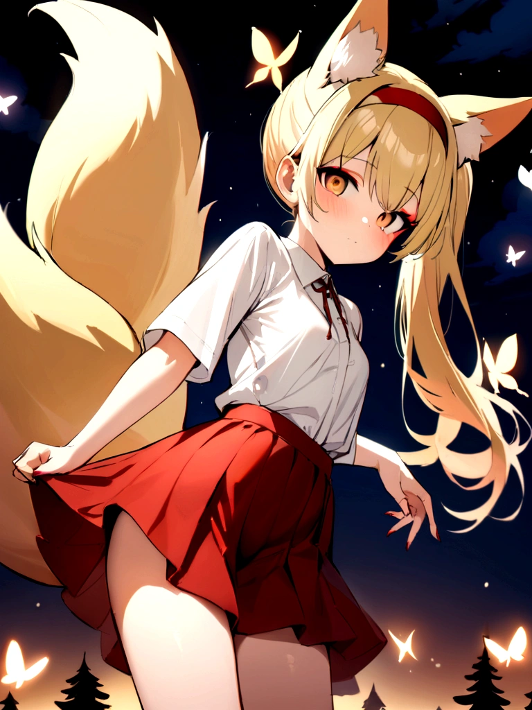 (masterpiece, best quality) junior,detailed, (beautiful,small breasts), blonde,long hair, side ponytail(right),Hair band decoration with gold butterfly, elegant, (fox ears),nine tailed fox tail, red eyeshadow, golden eyes, femur，white shirt,free,red skirt,cherry blossom tree lake background,girl,NIGHT,yandere face