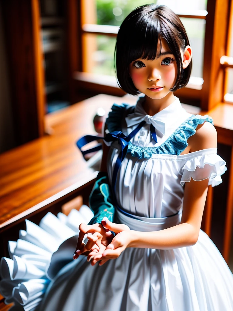 ((sfw:1.4)), ((sfw, extra short hair, sidelocks-hair, 1Girl)), Ultra High Resolution, (Realistic:1.4), RAW Photo, Best Quality, (Photorealistic), Focus, Soft Light, (()), ((Japanese)), (( (young face))), (surface), (depth of field), masterpiece, (realistic), wearing highly detailed (( maid clothes with frills and ribbon)), bangs, ((1 girl)),.(half body image:1.5)