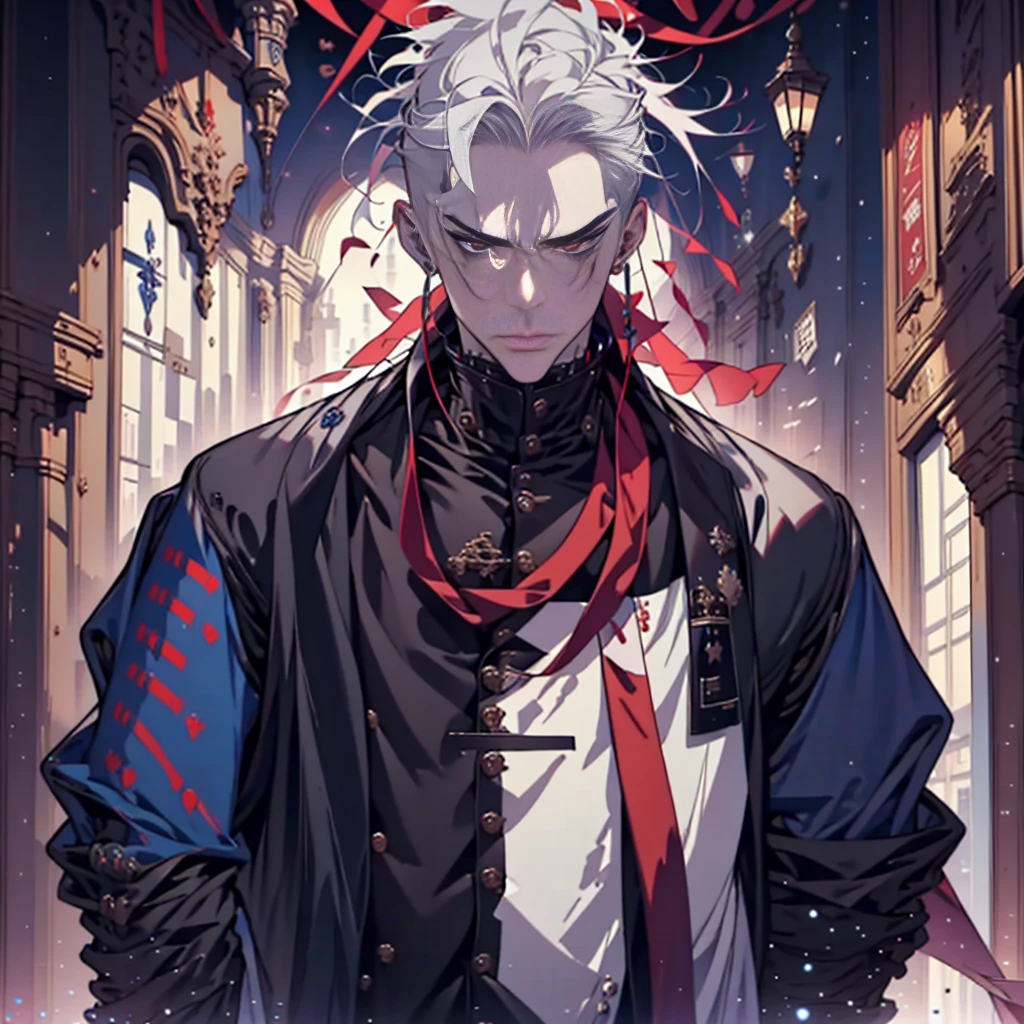 ultra - detailed,master piece ,best quality,2d,Niji style, male, 20-year-old, Perfect and clear body, slender,Androgynous male,beautiful face,thin eyebrows, ((( male ))), white hair,red eyes, red and blue clothes,Ninja Warrior, futuristic clothes, fantastic art clothes, fantastic scenery, adult fantasy, nijistyle, urbansamurai_v0.3,cartoon characters,cyber punk,sunny